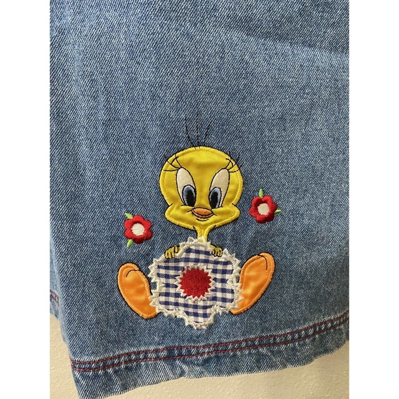 Vintage Looney Tunes Denim Overall Dress Embroidered Tweety Bird size 12 - Picture 3 of 6